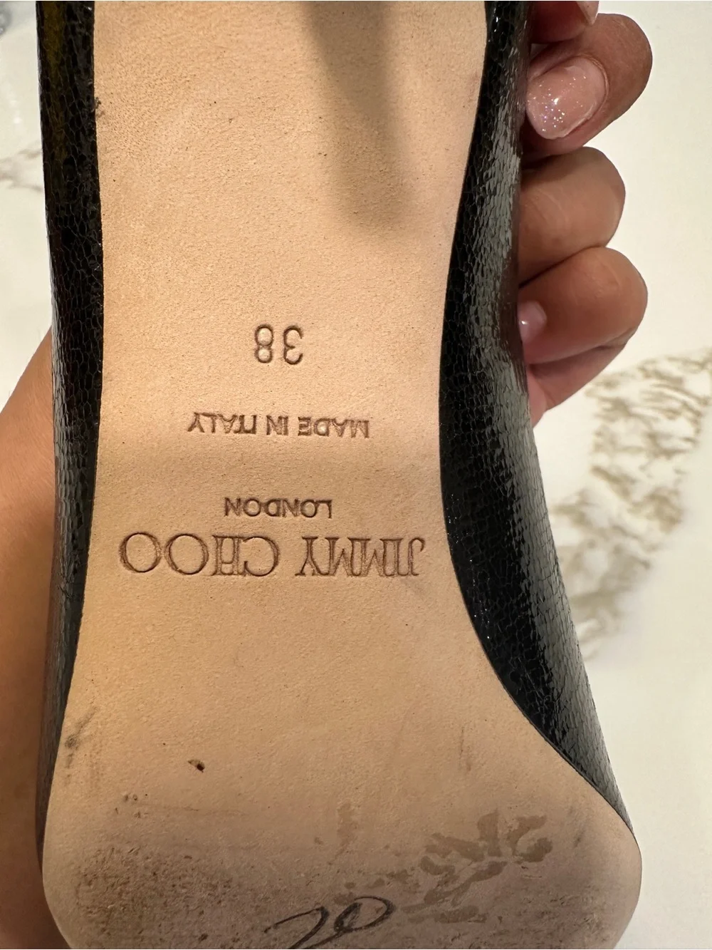 Jimmy Choo Black Patent Croc Peep Toe Pumps - Classic Heel
